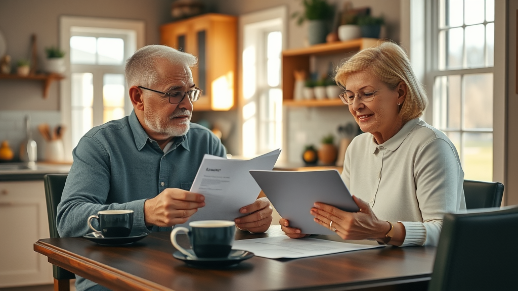 confident senior couple reviewing finances, discussing retirement income, cozy Louisiana home, is louisiana tax friendly for retirees, highly detailed