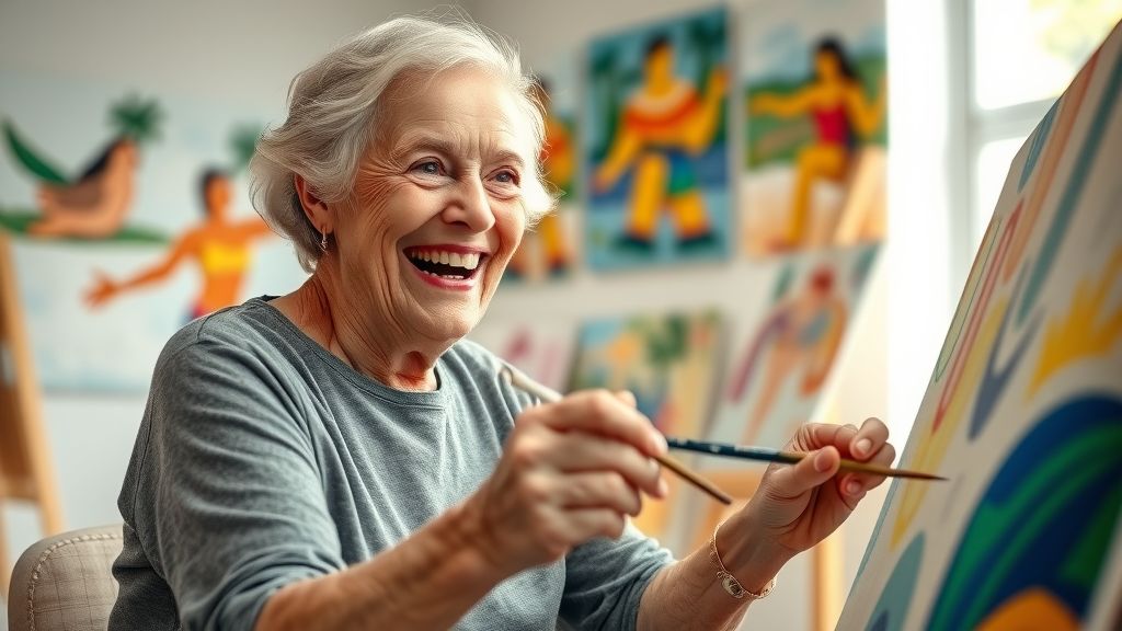personal care services louisiana - happy senior painting in care facility art class