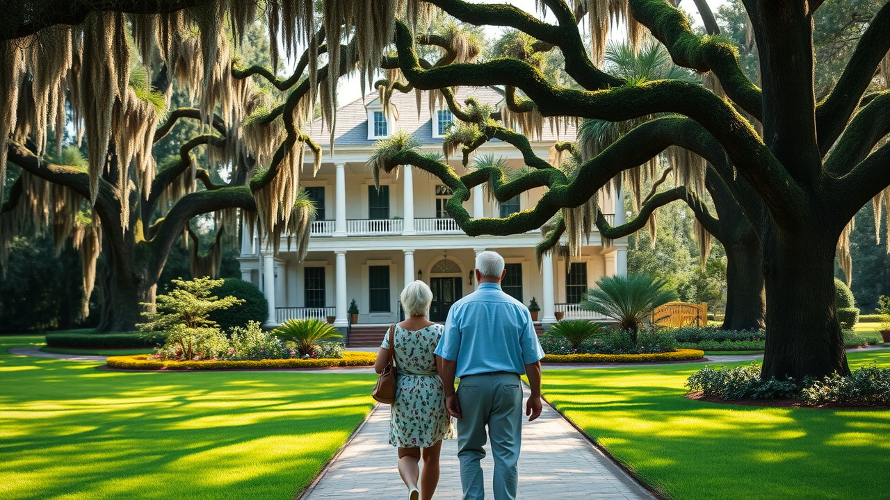 Regal plantation house with elderly couple in gardens near Baton Rouge, louisiana travel guide for seniors, antebellum architecture with oak walkway