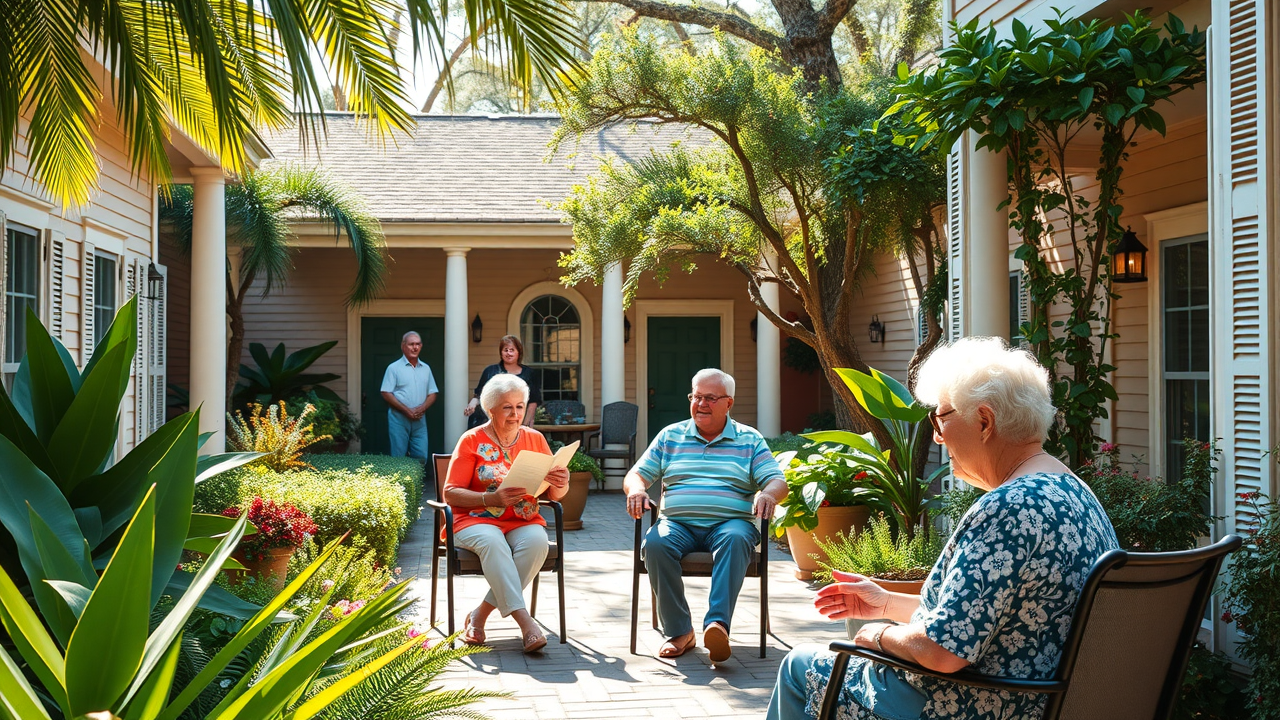 Assisted living vs nursing homes Louisiana in a warm and welcoming senior care community setting, seniors engaging in gentle activities, sunlit courtyard with Southern architecture, vibrant natural colors