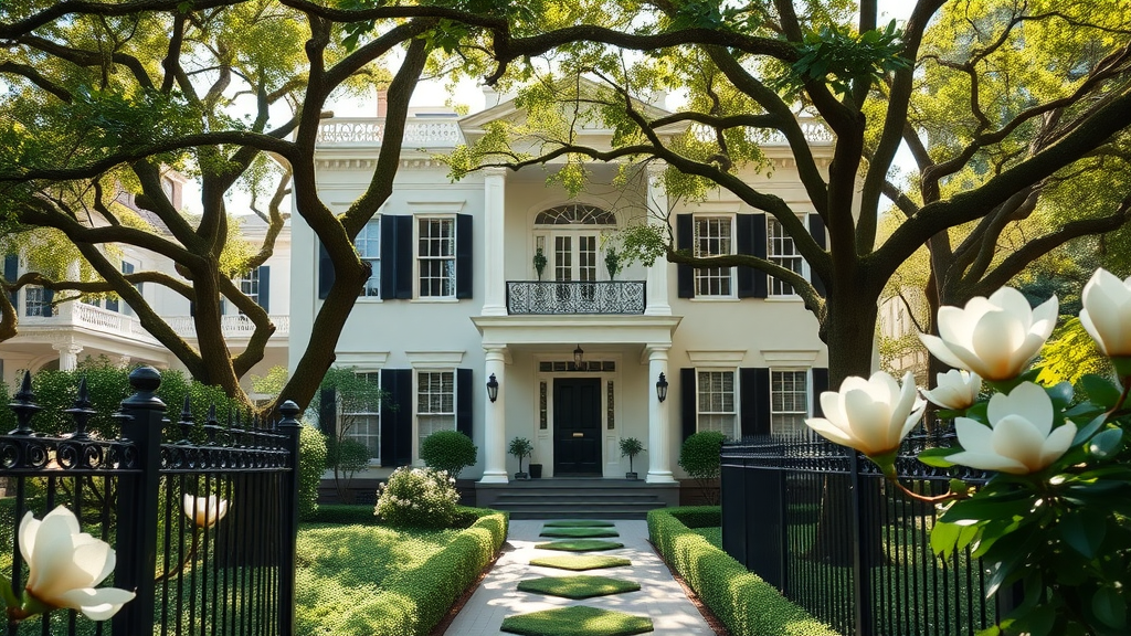 Elegant historic mansion surrounded by blooming gardens in the Garden District New Orleans, louisiana travel guide for seniors, lush magnolia trees, dappled sun