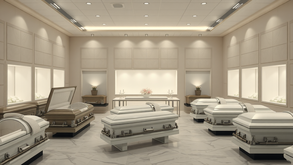array of quality caskets online displayed in modern showroom - caskets and coffins