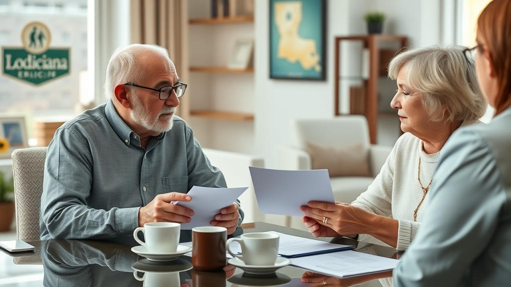 Louisiana Medicaid advisor discussing nursing home care with elderly couple, official forms on table, Louisiana decor