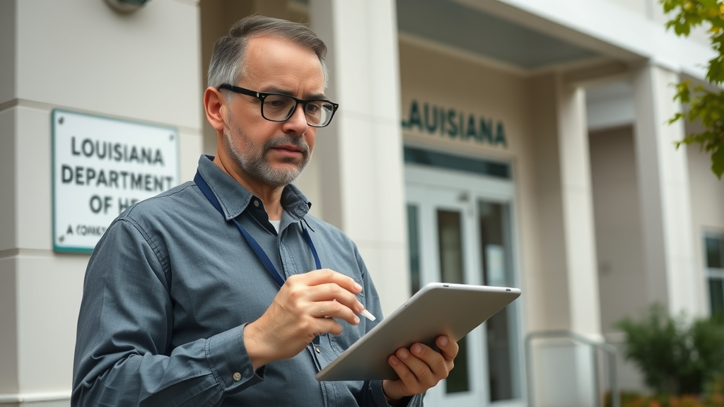 louisiana department of health, inspector outside building, reviewing inspection checklist