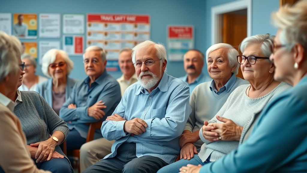 Reassuring senior group at travel safety seminar, louisiana travel guide for seniors, brochures and emergency charts in background