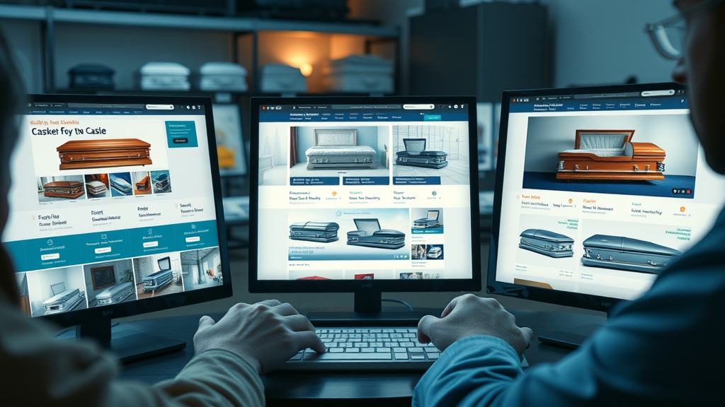 array of caskets displayed on online retailer sites - buy casket online
