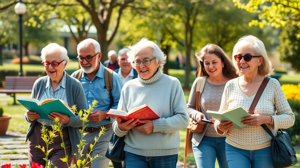 Active seniors with eyeglasses enjoying outdoor activities, healthy eye care