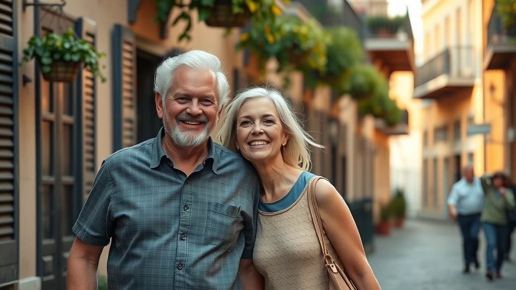Inviting senior couple smiling strolling along the cobblestone French Quarter New Orleans, louisiana travel guide for seniors, classic balconies with hanging plants, golden hour sunlight