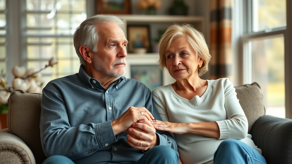 elderly care services louisiana - thoughtful senior couple holding hands at home with magnolia and bayou view