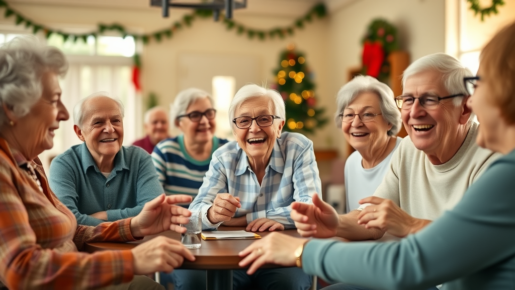 Active seniors in Louisiana assisted living, socializing and participating in uplifting group activities in a cheerful facility