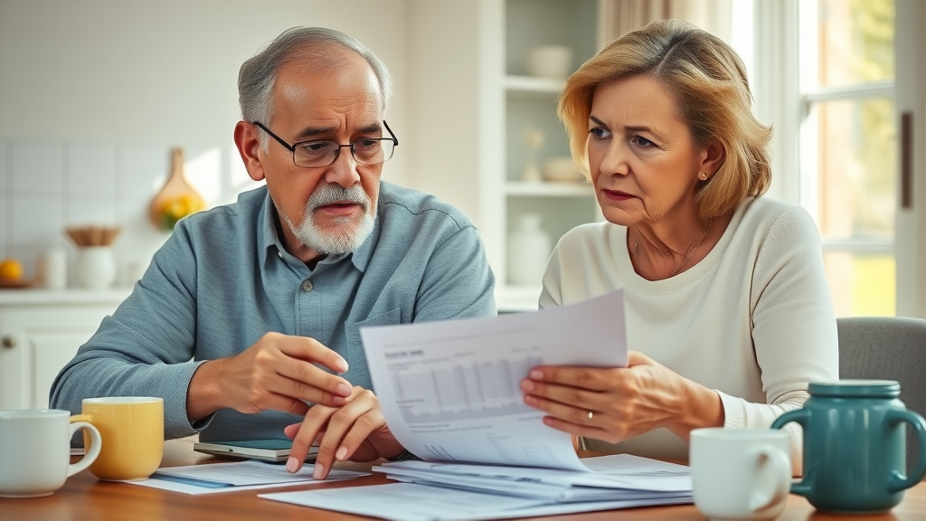 LA senior couple reviewing skilled nursing facility costs and insurance paperwork