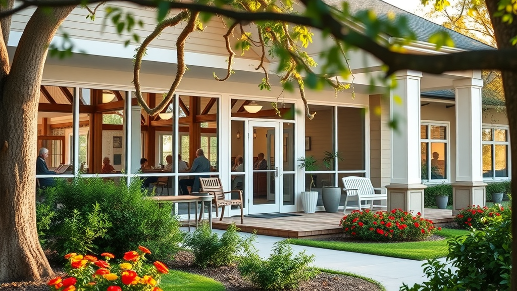 Inviting Louisiana nursing home care center with modern exterior, elderly residents visible relaxing inside, lush landscaped grounds, live oaks, and cheerful, welcoming staff
