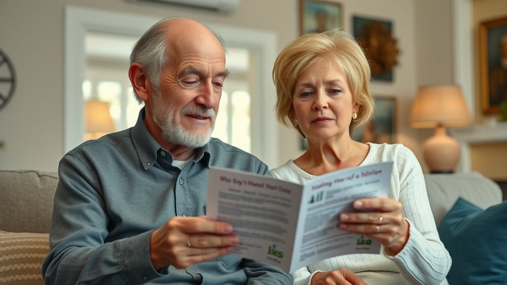 Elderly couple reviewing senior care options louisiana pamphlet in a cozy Louisiana home, natural indoor lighting.