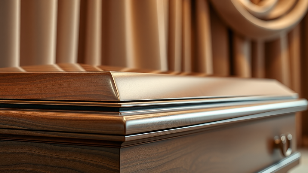 close-up of elegant wooden casket online with rich grain and finish