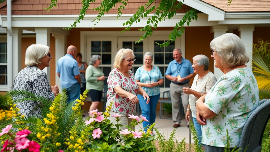 Seniors socializing in an assisted living community louisiana, with vibrant gardens and welcoming staff.