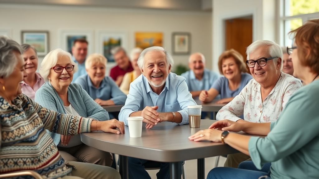 Diverse seniors participating in a community activity at a modern Louisiana senior center.