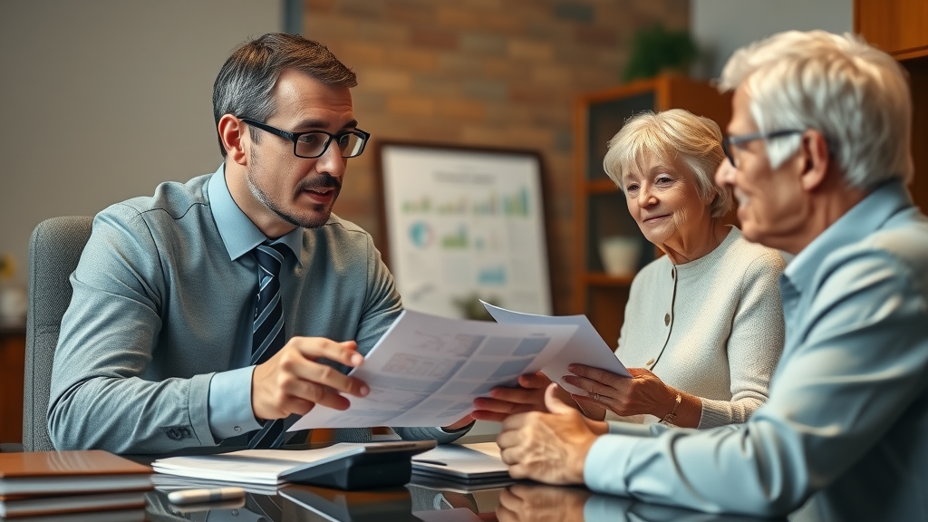Financial advisor discussing long term care insurance with senior couple in Louisiana.