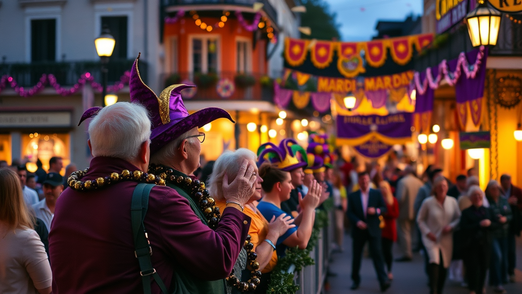 Vibrant Mardi Gras parade, seniors on accessible balcony in French Quarter, louisiana travel guide for seniors, confetti and celebration at dusk