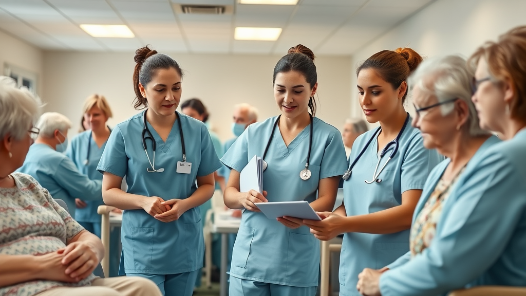 nurse staffing louisiana nursing home - nurses assist multiple residents in a busy ward