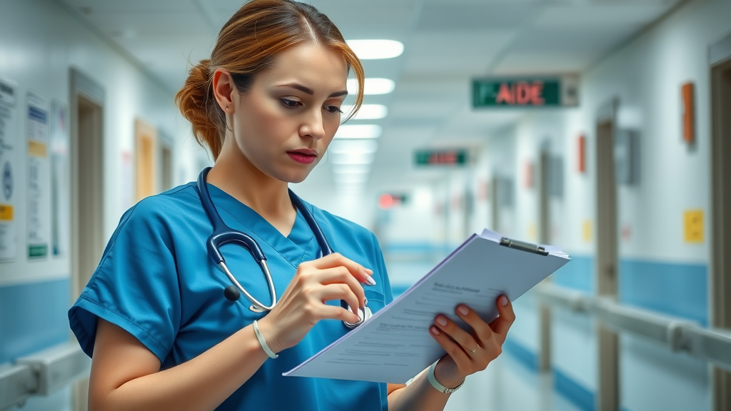Vigilant LA nurse checking safety protocols in skilled nursing facility hallway