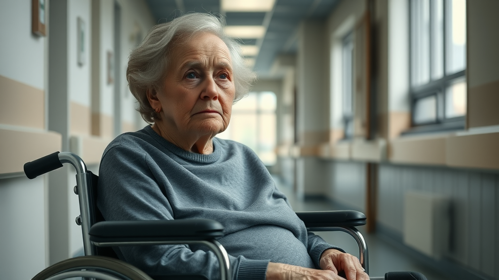 nursing home neglect in louisiana - Grave, concerned elderly woman in a wheelchair sitting quietly in a sterile Louisiana nursing home hallway