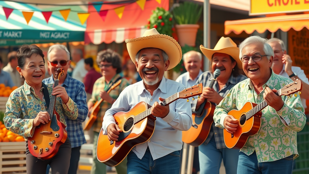 Festive Cajun band performing at a local outdoor market, seniors clapping, louisiana travel guide for seniors, colorful stalls and lively music