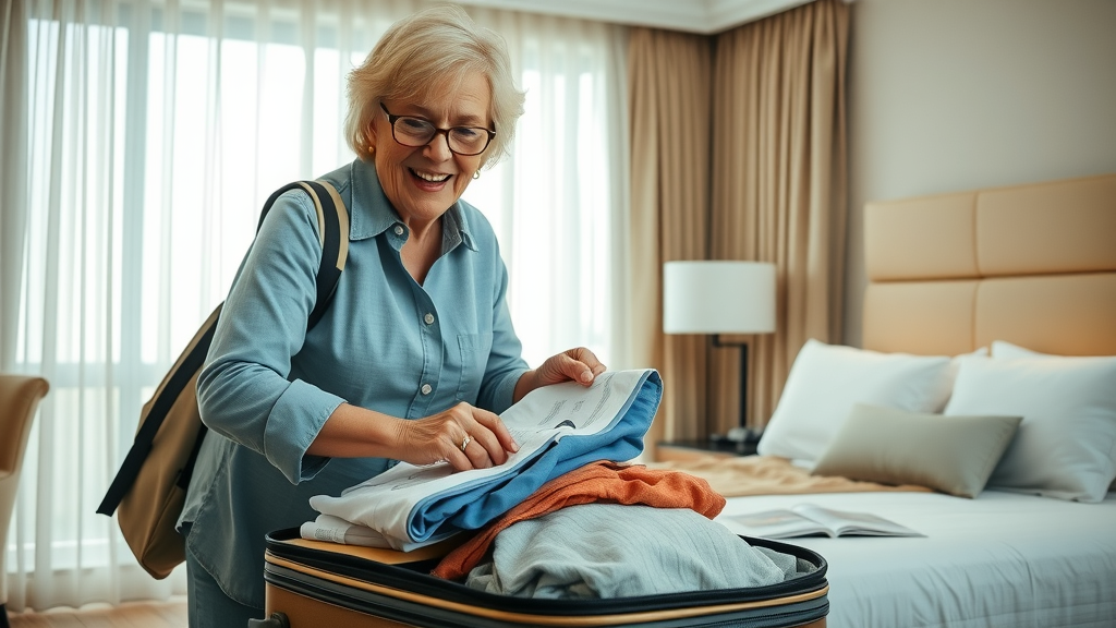 Organized suitcase with older traveler packing, louisiana travel guide for seniors, hotel room with brochures and bright vacation mood