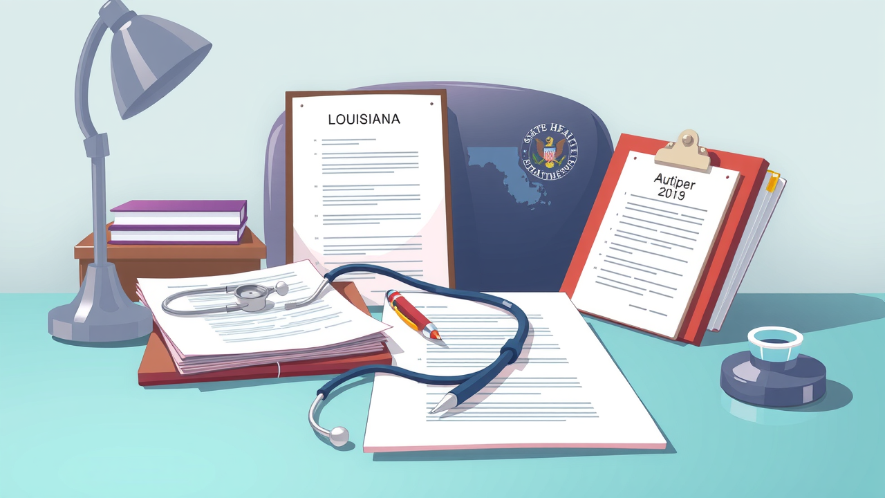 Louisiana nursing home regulations - legal documents and state map illustration