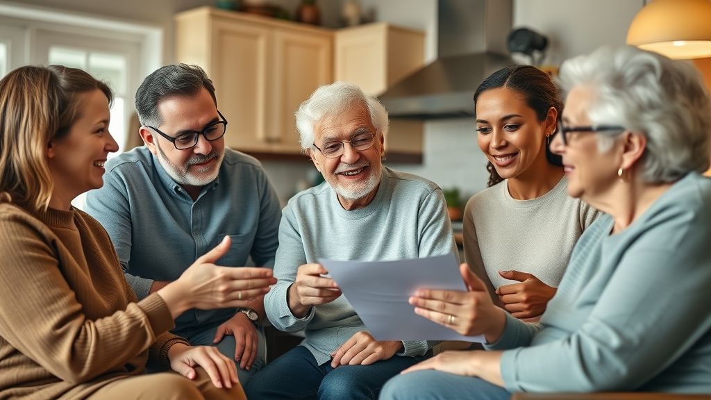 Louisiana family discussing senior care choices for assisted living or nursing home in a warm, homely setting with caring expressions