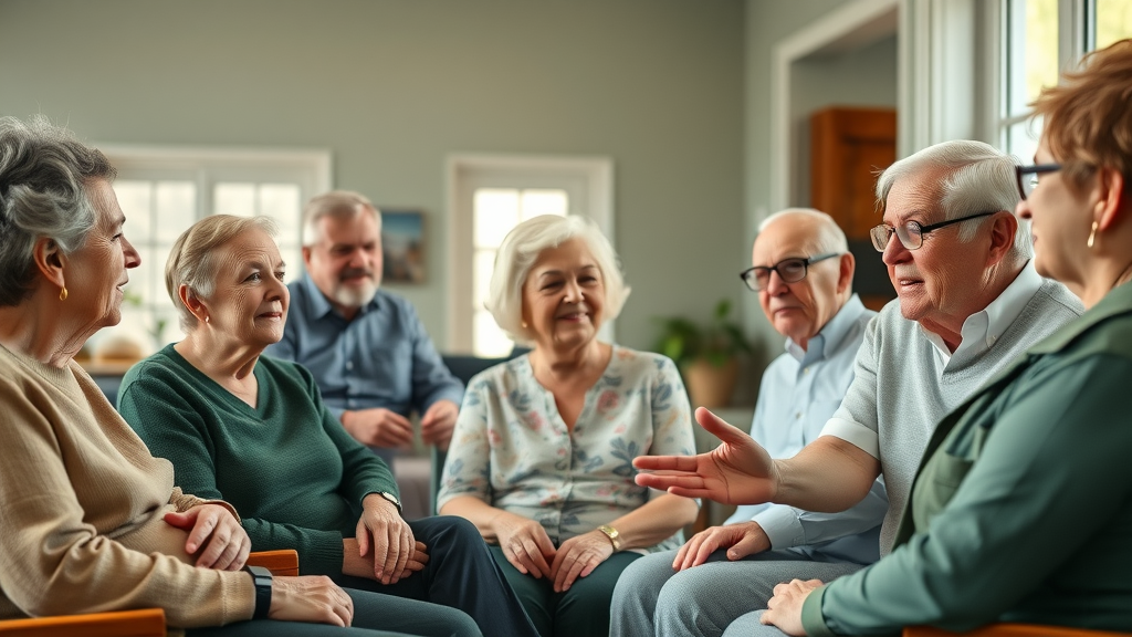 louisiana nursing home, elderly residents chatting with staff, communal room, safe and content environment