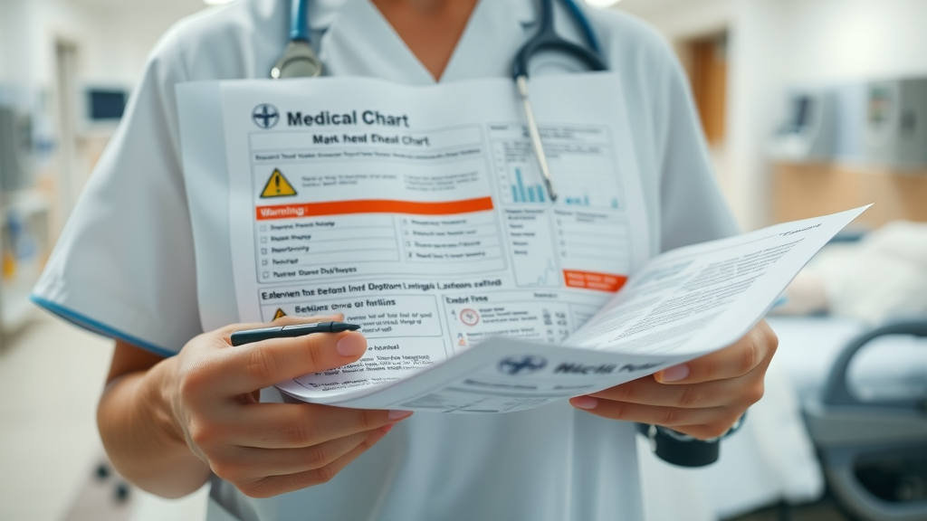 nursing home neglect in louisiana - Nurse reviewing detailed medical chart with warning signs in a Louisiana nursing home