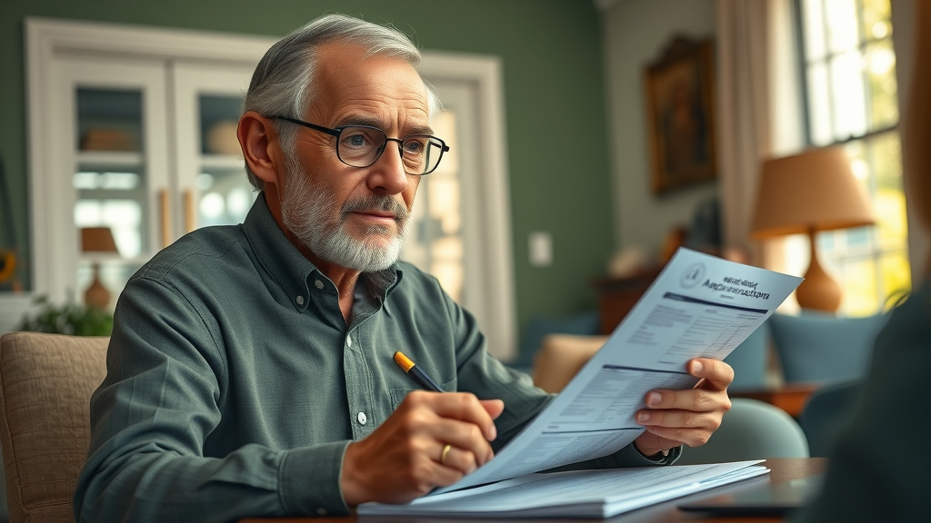 senior man applying for Medicaid nursing home coverage Louisiana with family, reviewing documents