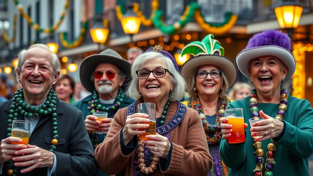 festive Mardi Gras parade, cheerful group of seniors enjoying New Orleans cuisine, retiring in Louisiana, highly detailed
