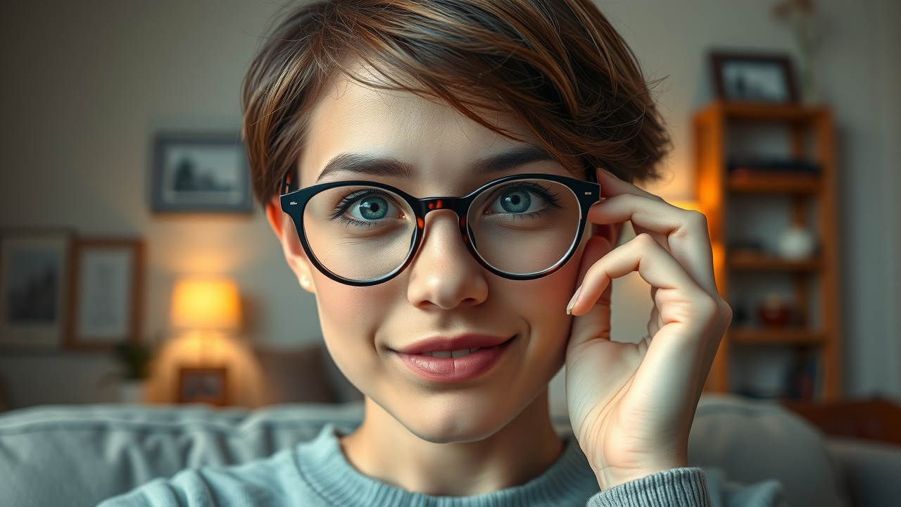Elderly woman adjusting glasses at home, thoughtful about senior eye care