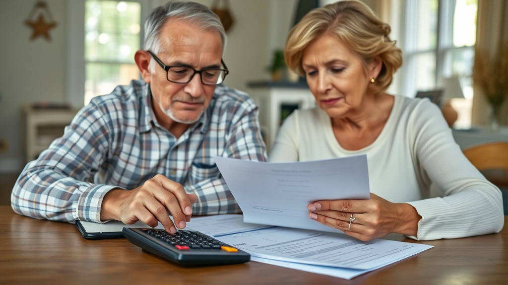 Senior couple in Louisiana reviewing financial documents and costs for assisted living and nursing homes, focused on financial planning