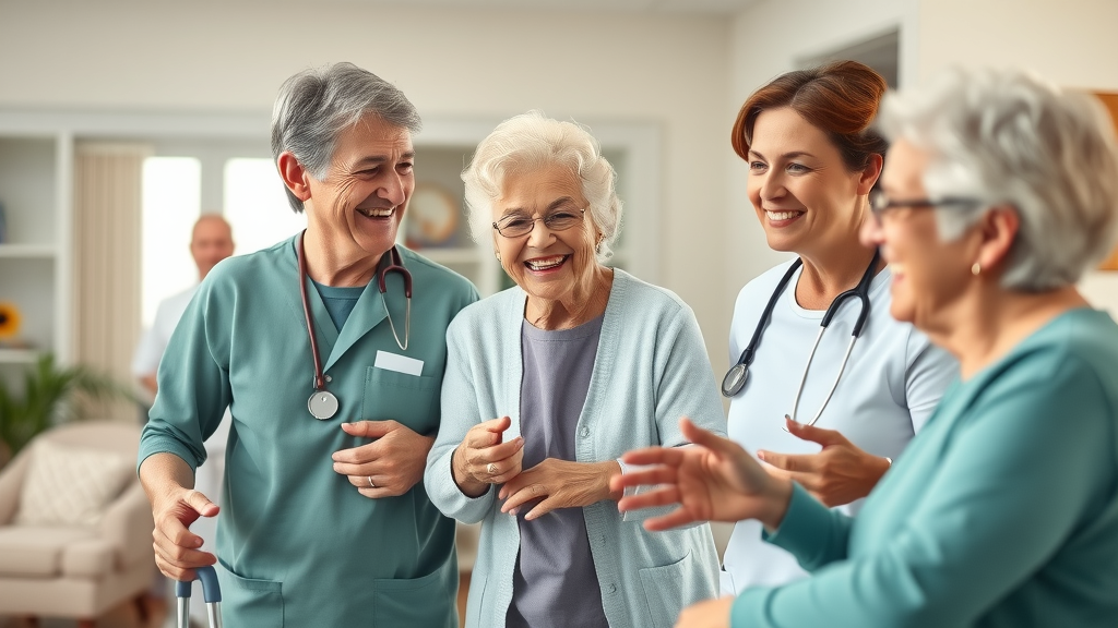 Compassionate senior caregivers interacting with elderly residents in nursing home care Louisiana
