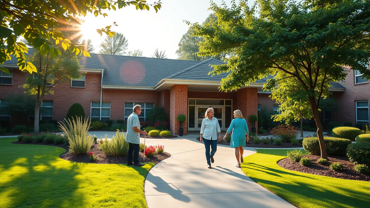 Inviting skilled nursing facility exterior LA with serene atmosphere, welcoming staff, and lush gardens