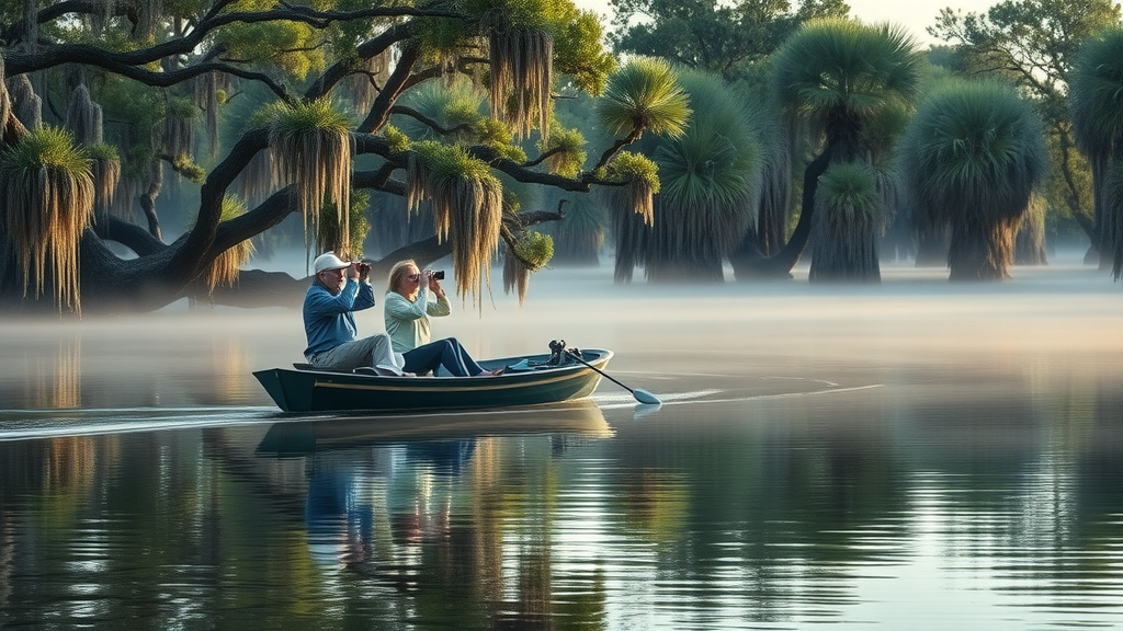 Tranquil Louisiana bayou with elderly birdwatchers on boat, cypress trees and reflective water, louisiana travel guide for seniors