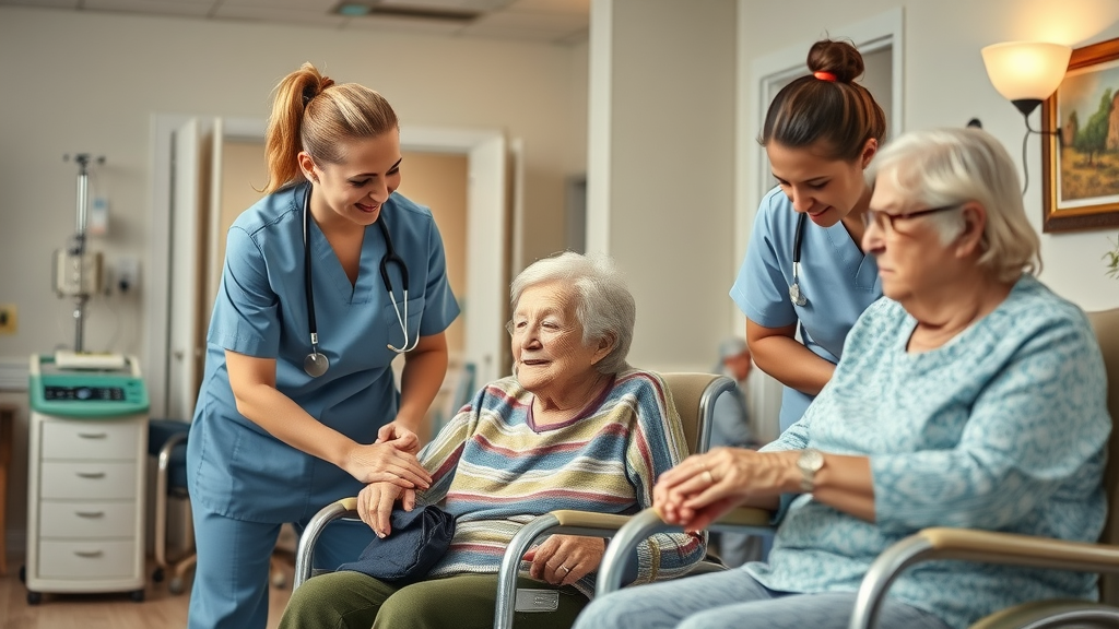 Nursing home care in Louisiana, professional staff assisting residents in a skilled facility, cozy and supportive environment