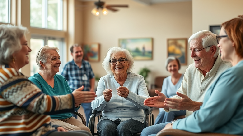 Louisiana skilled nursing facility common area, elderly residents and caring medical staff, local artwork, light-filled and inviting