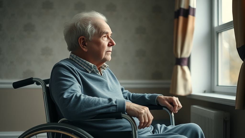 quality of nursing homes in louisiana - somber elderly man sitting in a wheelchair, looking pensively out of a window in a subdued facility