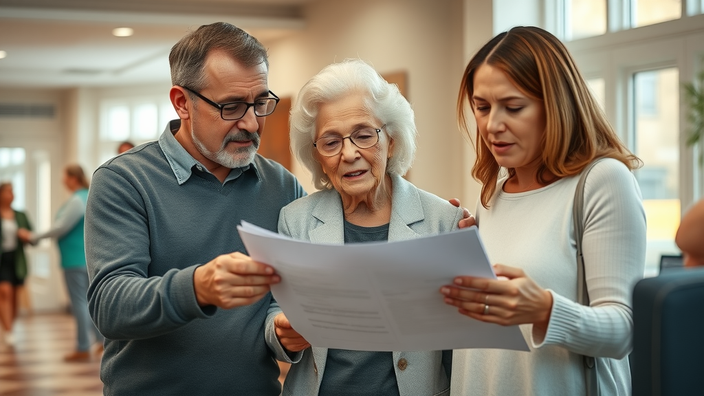 nursing home safety standards louisiana, family reviewing documents in nursing home lobby, staff and residents in the background, attentive expressions