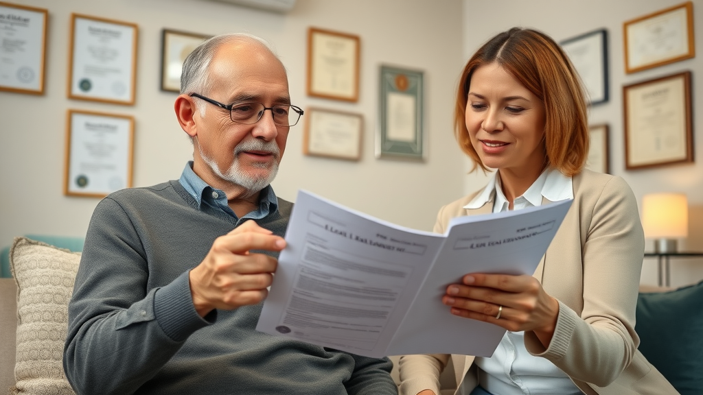 Confident LA senior discussing nursing facility rights with supportive advocate