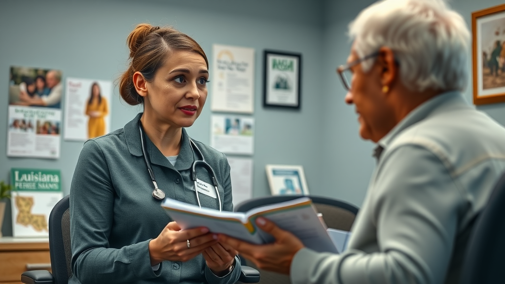 Social worker explaining senior care options louisiana to a family with Louisiana-themed office details.