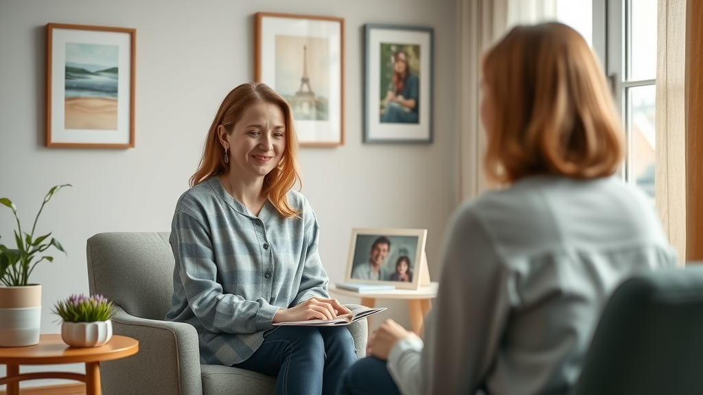 Compassionate mental health service provider listening to client in serene counseling room