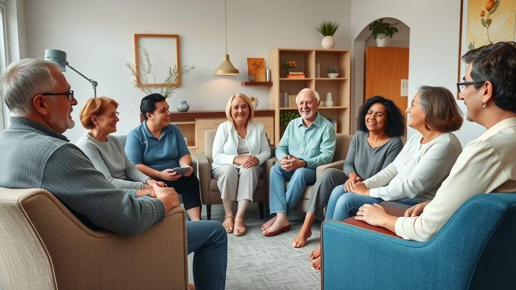 Supportive group therapy mental health service session in welcoming community room