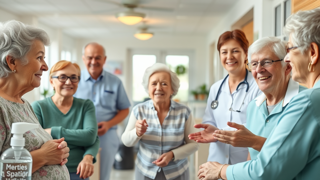 infection control protocols in elder care - smiling elderly residents, attentive caregivers in a clean, sanitary elder care center with hand sanitizing stations and bright decor, natural daylight