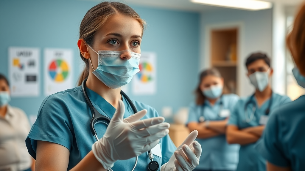 infection control protocols in elder care - attentive staff in modern nursing home training room, gloves and posters visible, lively group dynamics