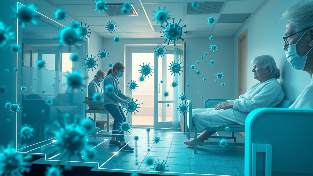 infection control protocols in elder care - depiction of viral pathogens transmission, air flows and contamination in a nursing home, semi-transparent cutaway with moving arrows and particles