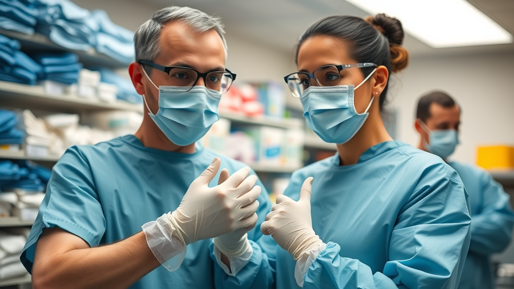 infection control protocols in elder care - healthcare staff properly donning and doffing personal protective equipment in a supply room